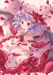 Rule 34 | 1girl, ascot, bat wings, blurry, bow, brooch, closed mouth, depth of field, dress, feet out of frame, flower, frilled shirt collar, frilled sleeves, frills, hat, hat bow, hat flower, holding, holding umbrella, jewelry, light purple hair, looking at viewer, mimi (mimi puru), mob cap, nail polish, parasol, petals, pink dress, pink hat, pink umbrella, pointy ears, puffy short sleeves, puffy sleeves, red ascot, red bow, red eyes, red flower, red nails, red rose, remilia scarlet, rose, rose petals, short hair, short sleeves, smile, solo, touhou, umbrella, wings, wrist cuffs