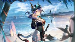Rule 34 | 1girl, 1other, absurdres, arknights, baseball cap, beach, black jacket, blue hair, boat, breasts, ch&#039;en (arknights), ch&#039;en the holungday (arknights), city, cleavage, commentary, cowboy shot, dadijiji, doctor (arknights), dragon girl, dragon horns, dragon tail, eyewear on headwear, floating hair, footprints, hair between eyes, hat, highres, holding, holding water gun, horns, horns through headwear, innertube, jacket, large breasts, lighthouse, lightning, looking at viewer, ocean, official alternate costume, originium (arknights), outdoors, red eyes, sand, sheath, sheathed, sky, solo focus, sunglasses, surfboard, swim ring, sword, symbol-only commentary, tail, twintails, water, water gun, watercraft, weapon, white headwear