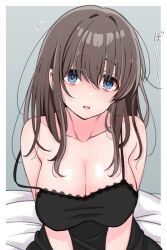 Rule 34 | 1girl, alternate costume, bags under eyes, bare shoulders, bed sheet, black camisole, breasts, brown hair, camisole, cleavage, collarbone, highres, idolmaster, idolmaster cinderella girls, lace-trimmed camisole, lace trim, large breasts, long hair, looking at viewer, mariabowl, sagisawa fumika, solo, strap slip