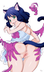 Rule 34 | 10s, 1girl, animal ears, ass, ass grab, bad id, bad tumblr id, blue hair, blush, cat ears, cat tail, cleft of venus, curly hair, cyan (show by rock!!), from behind, green eyes, highres, looking at viewer, looking back, open mouth, optionaltypo, pussy, pussy juice, ringlets, show by rock!!, simple background, sketch, solo, solo focus, tail, uncensored