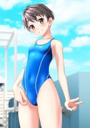 Rule 34 | 1girl, absurdres, black hair, blue one-piece swimsuit, blue sky, blurry, blurry background, breasts, brown eyes, cameltoe, clothes writing, cloud, commentary request, competition swimsuit, covered navel, cowboy shot, grin, highleg, highleg swimsuit, highres, one-piece swimsuit, original, panties under swimsuit, short hair, sky, small breasts, smile, solo, striped clothes, striped one-piece swimsuit, swimsuit, takafumi, v