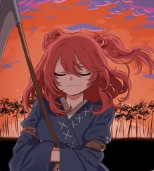 Rule 34 | 1girl, alien (psr992), bad id, bad twitter id, closed eyes, closed mouth, coin, commentary request, hair between eyes, hair bobbles, hair ornament, hands in opposite sleeves, holding, onozuka komachi, outdoors, red hair, red sky, scythe, sidelocks, sky, solo, touhou, tree, twintails, two side up, upper body