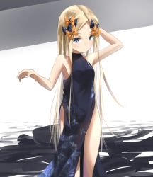 Rule 34 | 1girl, abigail williams (fate), alternate costume, arm up, bangle, bare arms, bare shoulders, black bow, black dress, blonde hair, blue eyes, blush, bow, bracelet, closed mouth, covered collarbone, dress, fate/grand order, fate (series), forehead, hair bow, highres, jewelry, long hair, looking at viewer, multiple hair bows, orange bow, parted bangs, polka dot, polka dot bow, sakazakinchan, sleeveless, sleeveless dress, solo, standing, very long hair