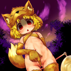 Rule 34 | 1girl, absurdres, animal hat, arm behind back, bell, blonde hair, blush, cloud, commentary request, commission, covering privates, covering crotch, cowboy shot, fang, flat chest, fox girl, fox hat, fox tail, halterneck, hat, highres, holding, holding staff, looking at viewer, looking down, moonlight flower, navel, open mouth, outdoors, paid reward available, purple sky, ragnarok online, red eyes, sakurabe notos, second-party source, shaded face, short hair, skeb commission, skin fang, sky, solo, staff, tail, tree