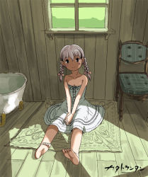 Rule 34 | bare shoulders, barefoot, braid, child, dress, flat chest, green theme, indoors, looking at viewer, medium hair, room, roomscape, sitting, strapless, strapless dress, twin braids, white hair, window