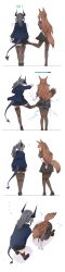 Rule 34 | ..., 2girls, 4koma, absurdres, animal ears, arknights, black skirt, black thighhighs, blue jacket, boots, brown hair, buchi k018, chisato and takina kicking each other&#039;s butt (meme), comic, dragon girl, dragon horns, dragon tail, electricity, fox ears, fox girl, fox tail, franka (arknights), from behind, gameplay mechanics, grey hair, highres, horns, jacket, kicking, liskarm (arknights), long image, looking at another, lycoris recoil, meme, multiple girls, pleated skirt, ponytail, scene reference, sidelocks, simple background, skirt, tail, tall image, thighhighs
