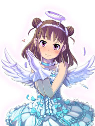 Rule 34 | 10s, 1girl, angel wings, brown hair, choker, double bun, dress, fake halo, feathers, gloves, hair bun, hairband, halo, heart, idolmaster, idolmaster cinderella girls, lace, lace-trimmed dress, lace trim, mockmock, munakata atsumi, own hands together, purple eyes, simple background, smile, solo, white background, wings