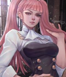 Rule 34 | 1girl, artist name, breasts, european clothes, fire emblem, fire emblem: three houses, grin, hand on own hip, hilda valentine goneril, kaejunni, large breasts, long hair, looking at viewer, matching hair/eyes, nintendo, pink eyes, pink hair, signature, simple background, smile, solo, twintails