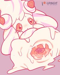 Rule 34 | 1other, :o, alcremie, ambiguous gender, anus, black eyes, blush, colored sclera, creatures (company), crybleat, food, fruit, game freak, gaping, gen 8 pokemon, highres, looking down, lying, nintendo, nude, on back, pokemon, pokemon (creature), pokemon swsh, presenting, red sclera, simple background, slime, spread anus, strawberry, twintails, uncensored