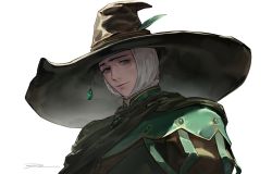 Rule 34 | 1boy, brown hat, closed mouth, elden ring, green eyes, hat, hat feather, highres, looking at viewer, male focus, ruint, signature, simple background, smile, solo, sorcerer rogier, upper body, white background