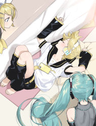 Rule 34 | 1boy, 2girls, aqua hair, bare shoulders, barefoot, bass clef, black sailor collar, black sleeves, blonde hair, blue eyes, bow, cable, cellphone, commentary, detached sleeves, from above, grey shirt, hair bow, hair ornament, hairclip, hatsune miku, headphones, highres, kagamine len, kagamine rin, knees up, leg warmers, long hair, looking at another, lying, male focus, mattress, multiple girls, musical note, musical note print, nail polish, naoko (naonocoto), necktie, on back, phone, sailor collar, shirt, short hair, sleeping, sleeveless, sleeveless shirt, smartphone, sweatdrop, toenail polish, toenails, twintails, very long hair, vocaloid, white bow, white shirt, yellow nails, yellow necktie