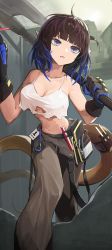 Rule 34 | 1girl, absurdres, ahoge, arknights, bare shoulders, belt, black hair, blue eyes, blue hair, blunt bangs, breasts, brown pants, camisole, cleavage, collarbone, crop top, dra (dhra a), eunectes (arknights), eunectes (forgemaster) (arknights), feet out of frame, gloves, highres, id card, leaning forward, looking afar, medium breasts, medium hair, midriff, multicolored hair, narrow waist, navel, open mouth, over shoulder, pants, pointy ears, shirt, slit pupils, snake tail, solo, streaked hair, tail, torn clothes, torn shirt, two-tone gloves, underboob, utility belt, weapon, weapon over shoulder, white shirt