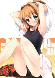 Rule 34 | 1girl, :o, armpits, arms up, bag, blue eyes, blush, breasts, brown hair, chair, classroom, clothes lift, covered erect nipples, crotch, desk, embarrassed, feet, foreshortening, gradient background, hair between eyes, hair intakes, head tilt, high ponytail, highres, indoors, kantoku, knees together feet apart, legs, looking at viewer, miniskirt, miyaguchi kei, no shoes, nose blush, on floor, one-piece swimsuit, one side up, open mouth, orange hair, original, plaid, plaid skirt, pleated skirt, polka dot, polka dot background, ponytail, scan, school, school bag, school swimsuit, school uniform, scrunchie, shirt, shirt lift, short hair, sidelocks, silhouette, single sock, sitting, skirt, unworn skirt, small breasts, sock dangle, sock pull, socks, solo, spread legs, surprised, swimsuit, swimsuit under clothes, towel, undressing, white socks
