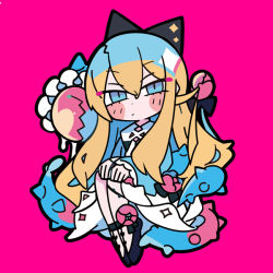 Rule 34 | 1girl, black bow, black footwear, black outline, blue eyes, bow, closed mouth, flower, hair bow, hands on own knees, long hair, orange hair, original, outline, pink background, pink flower, shoes, solo, terada tera