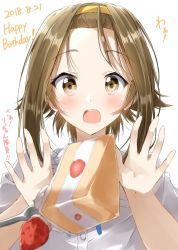 Rule 34 | 1girl, :o, blush, brown eyes, brown hair, cake, commentary, dated, food, fork, fruit, hand up, happy birthday, k-on!, looking at viewer, pentagon (railgun ky1206), shirt, simple background, solo, strawberry, strawberry shortcake, tainaka ritsu, translation request, upper body, white background, white shirt