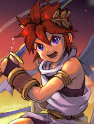 Rule 34 | 1boy, angel, angel wings, armlet, blue eyes, brown hair, dual wielding, highres, holding, holding weapon, kid icarus, kid icarus uprising, laurel crown, looking at viewer, male focus, nintendo, open mouth, pit (kid icarus), pxl (pxltw), scarf, signature, sketch, solo, v-shaped eyebrows, vambraces, weapon, wings