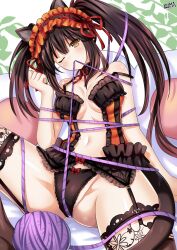 Rule 34 | 1girl, ;|, animal ears, asymmetrical hair, bare shoulders, black hair, black panties, blush, bound, bound arms, breasts, cat day, cat ears, cat girl, cat tail, clock eyes, corset, date a live, garter straps, hair between eyes, hairband, hand up, highres, kemonomimi mode, lewdkuma, lolita hairband, long hair, medium breasts, midriff, navel, no pants, panties, solo, spread legs, symbol-shaped pupils, tail, thighhighs, tokisaki kurumi, twintails, underwear, uneven twintails, yellow eyes