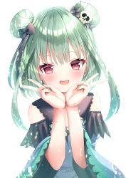 Rule 34 | 1girl, :d, absurdres, anzu yotsuba, bare shoulders, black bow, blue dress, blue sleeves, blush, bow, commentary request, detached sleeves, double bun, double v, dress, green hair, green nails, hair bow, hair bun, hair ornament, hands up, highres, hololive, juliet sleeves, long sleeves, nail polish, open mouth, puffy sleeves, red eyes, simple background, skull hair ornament, sleeveless, sleeveless dress, smile, solo, teeth, upper body, upper teeth only, uruha rushia, uruha rushia (1st costume), v, virtual youtuber, white background, wide sleeves