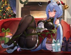 Rule 34 | 1girl, ahoge, bare shoulders, bdsm, bell, black pantyhose, blue hair, blush, bondage, bound, breasts, christmas, christmas tree, detached sleeves, fireplace, full body, ganyu (genshin impact), genshin impact, gift, gloves, green ribbon, high heels, highres, horn ornament, horns, indoors, long hair, looking at viewer, lying, medium breasts, neck bell, on side, pantyhose, purple eyes, ribbon, ribbon bondage, santa costume, sidelocks, solo, squiggle, sweatdrop, the olphy, thighlet, thighs, white gloves