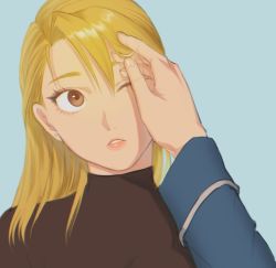 Rule 34 | 1girl, ;o, amestris military uniform, black shirt, blonde hair, blue background, brown eyes, close-up, commentary request, earrings, eyelashes, fingernails, fullmetal alchemist, hair over one eye, hand in own hair, head tilt, highres, jewelry, long hair, one eye closed, outstretched hand, ozaki (tsukiko3), parted lips, pov, pov hands, riza hawkeye, shaded face, shirt, simple background, solo focus, upper body