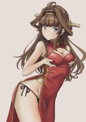 1girl ahoge alternate_costume bikini black_bikini breast_lift breasts brown_hair chakoru china_dress chinese_clothes cleavage_cutout clothing_cutout commentary double_bun dress grey_background hair_bun headgear highres kantai_collection kongou_(kancolle) kongou_kai_ni_(kancolle) long_hair looking_at_viewer medium_breasts purple_eyes red_dress simple_background sleeveless sleeveless_dress solo swimsuit