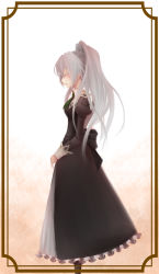 Rule 34 | 00s, 1girl, am24, black dress, closed eyes, dress, earrings, female focus, framed, from side, gradient background, hanazono shizuma, highres, jewelry, juliet sleeves, long hair, long sleeves, puffy sleeves, school uniform, silver hair, solo, standing, strawberry panic!, stud earrings