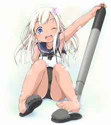 Rule 34 | 10s, 1girl, :d, ;d, arm up, armpits, bare shoulders, barefoot, blonde hair, blue eyes, crop top, feet, flower, full body, hair flower, hair ornament, ham (points), kantai collection, long hair, looking at viewer, neckerchief, no socks, one eye closed, open mouth, ro-500 (kancolle), sailor collar, school swimsuit, shoes, simple background, single shoe, sitting, slippers, smile, solo, swimsuit, swimsuit under clothes, tan, tanline, thighs, toes, torpedo, white background