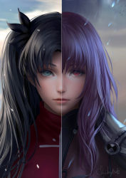 Rule 34 | 2girls, armor, black hair, blue eyes, chuby mi, close-up, closed mouth, fate/grand order, fate (series), highres, lips, long hair, looking at viewer, multiple girls, purple hair, realistic, red eyes, scathach (fate), shoulder armor, signature, split image, split theme, tohsaka rin, two side up