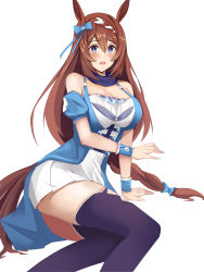 Rule 34 | 1girl, :o, absurdres, animal ears, bare shoulders, blue dress, blue eyes, blue neckwear, bow, braid, breasts, brown hair, cleavage, detached sleeves, dress, feet out of frame, frilled cuffs, gem, hair between eyes, hair bow, highres, horse ears, horse girl, horse tail, knees together feet apart, kuyoumi, large breasts, long hair, looking at viewer, multicolored hair, o-ring, puffy detached sleeves, puffy sleeves, scrunchie, simple background, sitting, skirt, solo, super creek (umamusume), tail, thighhighs, two-tone hair, umamusume, white background, white hair, white skirt, wrist cuffs