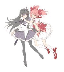 Rule 34 | 2girls, :d, :o, akemi homura, akemi homura (magical girl), arms around neck, black hair, black pantyhose, black skirt, blush, bow, buttons, closed eyes, facing another, floating hair, frilled skirt, frilled socks, frills, gloves, hair bow, high heels, highres, hug, hug from behind, kaname madoka, kaname madoka (magical girl), kneehighs, legs apart, long hair, long sleeves, mahou shoujo madoka magica, miniskirt, misteor, multiple girls, open mouth, pantyhose, pink hair, pink shirt, pleated skirt, puffy short sleeves, puffy sleeves, purple eyes, red footwear, shirt, short hair, short sleeves, short twintails, simple background, skirt, sleeve cuffs, smile, socks, teeth, twintails, two-tone shirt, upper teeth only, white background, white gloves, white shirt, white skirt, white socks, wide-eyed, yellow shirt