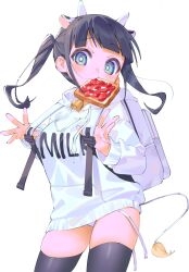 Rule 34 | 1girl, absurdres, animal ears, backpack, bag, black hair, black thighhighs, blue eyes, blush, bread, bread slice, clothes writing, cow ears, cow girl, cow horns, cow tail, food, food in mouth, highres, hood, hoodie, horns, jam, long hair, looking at viewer, mouth hold, original, panties, simple background, solo, tail, thighhighs, toast, toast in mouth, twintails, underwear, white background, white hoodie, white panties, yu1 na12