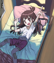 Rule 34 | 10s, 1girl, bad id, bad pixiv id, bandages, bandaid, bandaid on arm, bandaid on face, bandaid on forehead, bandaid on knee, bandaid on leg, bed, bed sheet, blanket, brown hair, half updo, kagari atsuko, little witch academia, long hair, navel, pillow, red eyes, red theme, solo, witch
