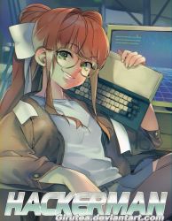 Rule 34 | 1girl, at computer, bow, breasts, brown hair, cable, commentary, computer, deviantart username, doki doki literature club, english commentary, girutea, glasses, green eyes, grin, hackerman, jacket, kung fury (movie), lips, long hair, looking at viewer, monika (doki doki literature club), parody, ponytail, scanlines, shirt, sidelocks, sitting, small breasts, smile, watermark, web address, white bow, white shirt