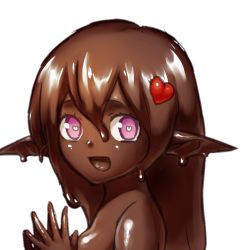 Rule 34 | 1girl, :d, akira (meltyhip), bright pupils, brown hair, completely nude, dark-skinned female, dark skin, female focus, from side, hair ornament, heart, heart-shaped pupils, heart hair ornament, long hair, looking at viewer, looking to the side, nude, open mouth, original, own hands together, pink eyes, pointy ears, simple background, smile, solo, symbol-shaped pupils, upper body, white background, white pupils