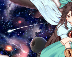 Rule 34 | 1girl, arm cannon, bird wings, blush, bow, brown eyes, brown hair, cape, collared shirt, commentary request, control rod, cowboy shot, death star, fmn (artist), frilled shirt collar, frills, galaxy, green bow, green skirt, grin, hair bow, long hair, looking at viewer, medium bangs, meteor, nebula, print cape, puffy short sleeves, puffy sleeves, radiation symbol, radiation symbol-shaped pupils, reiuji utsuho, shirt, short sleeves, sidelocks, skirt, sky, smile, solo, space, star (sky), star wars, starry sky, starry sky print, symbol-shaped pupils, third eye, touhou, very long hair, weapon, white cape, white shirt, wings