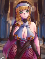Rule 34 | 1girl, bare shoulders, black clover, blush, breasts, closed mouth, cosplay, genshin impact, gloves, green eyes, guolfeich, highres, large breasts, long hair, mimosa vermillion, orange hair, rosaria (genshin impact), tagme, veil
