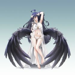 Rule 34 | 1girl, albedo (overlord), arm behind head, armpits, barefoot, bikini, black feathers, black hair, black wings, breasts, collarbone, commentary, commission, feathered wings, feathers, gradient background, hair between eyes, hand up, highres, horns, large breasts, licking, licking finger, long hair, looking at viewer, low wings, navel, nightgown, o-ring, o-ring bikini, overlord (maruyama), see-through, shizuko hideyoshi, solo, standing, standing on one leg, swimsuit, toenails, tongue, tongue out, very long hair, white horns, wings, yellow eyes