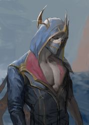 Rule 34 | clothing aside, high noon talon, highres, hood, horns, league of legends, mask, mouth mask, pectoral cleavage, pectorals, prestige edition (league of legends), prestige high noon talon, rrrr46621358, simple background, talon (league of legends), white hair