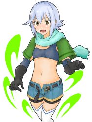Rule 34 | 1girl, belt, belt buckle, black gloves, blush, breasts, buckle, chris (konosuba), commentary request, dot nose, eyebrows, facial scar, female focus, gloves, groin, hair between eyes, komoh, kono subarashii sekai ni shukufuku wo!, legs together, looking at viewer, midriff, navel, no panties, open belt, open clothes, open fly, open mouth, open shorts, purple eyes, scar, scar on cheek, scar on face, scarf, short hair, shorts, silver hair, simple background, small breasts, solo, standing, thighhighs, unbuckled, unbuttoned, unzipped, white background, white thighhighs