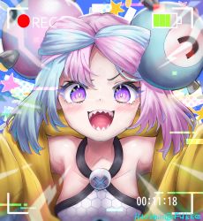 Rule 34 | 1girl, absurdres, aqua hair, bare shoulders, bow-shaped hair, breasts, character hair ornament, collarbone, creatures (company), game freak, gen 1 pokemon, grey shirt, gym leader, hair ornament, haronin fukke, hexagon print, highres, iono (pokemon), jacket, looking at viewer, magnemite, medium breasts, multicolored hair, nintendo, open mouth, oversized clothes, pink hair, pokemon, pokemon sv, portrait, purple eyes, sharp teeth, shirt, sleeveless, sleeveless shirt, solo, split-color hair, star (symbol), teeth, two-tone hair, x, yellow jacket