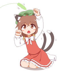 Rule 34 | 1girl, :o, animal ear fluff, animal ears, arms up, blush stickers, bow, bowtie, brown eyes, brown hair, cat ears, cat tail, cattail, chen, chestnut mouth, clenched hands, dress, fang, flat chest, gold trim, hat, highres, looking up, mob cap, multiple tails, nekomata, nihohohi, plant, red dress, short hair, simple background, sitting, solo, tail, touhou, two tails, wariza, white background, white bow, white bowtie