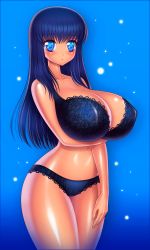 Rule 34 | 1girl, absurdres, akiranime, arm under breasts, blue background, blue bra, blue eyes, blue hair, blue panties, blush, bra, breast focus, breasts, bright pupils, bug, bursting breasts, cleavage, collarbone, curvy, eyebrows, eyelashes, female focus, fingernails, fireflies, firefly, heart, heart-shaped pupils, highres, huge breasts, insect, lace, lace-trimmed bra, lace-trimmed panties, lace trim, long hair, looking at viewer, matching hair/eyes, navel, original, panties, shiny skin, simple background, smile, solo, standing, straight hair, symbol-shaped pupils, underwear, upper body
