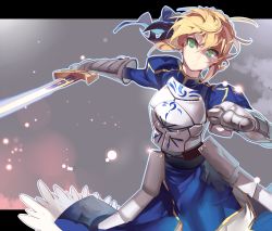 Rule 34 | 1girl, armor, artoria pendragon (all), artoria pendragon (fate), blonde hair, bow, breastplate, dress, e volution, excalibur (fate/stay night), fate/stay night, fate (series), gauntlets, gradient background, green eyes, hair bow, highres, letterboxed, saber (fate), solo, sword, weapon