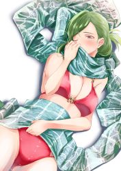 Rule 34 | 1girl, absurdres, akane (getwild23), bare arms, bare shoulders, bikini, breasts, commentary request, folded ponytail, green eyes, green hair, green scarf, highres, idolmaster, idolmaster shiny colors, large breasts, looking at viewer, lying, nanakusa hazuki, on back, one eye closed, plaid, plaid scarf, red bikini, scarf, solo, string bikini, swimsuit