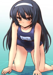 Rule 34 | 10s, 1girl, all fours, black hair, brown eyes, girls und panzer, gradient background, hairband, highres, long hair, one-piece swimsuit, reizei mako, school swimsuit, shinshin, solo, swimsuit