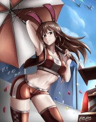 Rule 34 | 1girl, absurdres, alternate costume, animal ears, arm behind head, arm up, armpits, bare arms, bare shoulders, belt, blush, breasts, brown eyes, brown hair, brown shorts, brown tank top, brown thighhighs, brown vest, car, checkered clothes, checkered legwear, cloud, collarbone, day, female focus, floating hair, grin, highres, holding, holding umbrella, jacket, legs, long hair, looking at viewer, matching hair/eyes, medium breasts, midriff, motor vehicle, navel, neck, outdoors, rabbit ears, race queen, rwby, short shorts, shorts, sky, sleeveless, smile, solo, standing, tank top, thighhighs, umbrella, velvet scarlatina, vest, vilde loh hocen