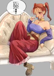 Rule 34 | blush, breasts, candy, cleavage, dragon quest, dragon quest viii, food, highres, jessica albert, kajino (aosansai), large breasts, licking, lollipop, long skirt, orange hair, shoes, skirt, square enix, twintails