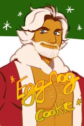 Rule 34 | 1boy, bara, beard, blue eyes, character name, chest hair, coat, cookie run, eggnog cookie, facial hair, green background, highres, looking at viewer, male focus, muscular, muscular male, mustache, pectorals, pijattingdong, santa costume, short hair, smirk, solo, thick eyebrows, topless male, two-tone background, white background, white hair