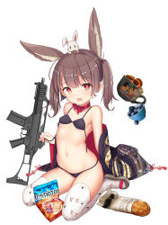 Rule 34 | 1girl, absurdres, animal ears, bare shoulders, bikini, black bikini, black bra, black hair, black panties, bow, bra, breasts, chips (food), choker, collarbone, female focus, food, full body, gun, hamachi hazuki, heart, heart-shaped pupils, highres, japanese clothes, long hair, looking at viewer, midriff, navel, original, panties, print thighhighs, rabbit ears, seiza, shiny skin, shoes, simple background, sitting, small breasts, solo, swimsuit, symbol-shaped pupils, thighhighs, twintails, underwear, weapon, white background, white thighhighs