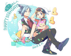 Rule 34 | 2boys, alternate color, bad id, bad pixiv id, beanie, blue eyes, brendan (pokemon), brown hair, closed mouth, collared shirt, commentary request, creatures (company), dated, game freak, gen 3 pokemon, happy birthday, hat, jacket, luvdisc, male focus, multiple boys, necktie, nintendo, open mouth, pants, pokemon, pokemon (creature), pokemon oras, red neckwear, shiny and normal, shiny pokemon, shirt, shoes, short hair, short sleeves, shorts, skitty, smile, steven stone, teeth, tongue, upper teeth only, vest, white footwear, white headwear, white shirt, xichii